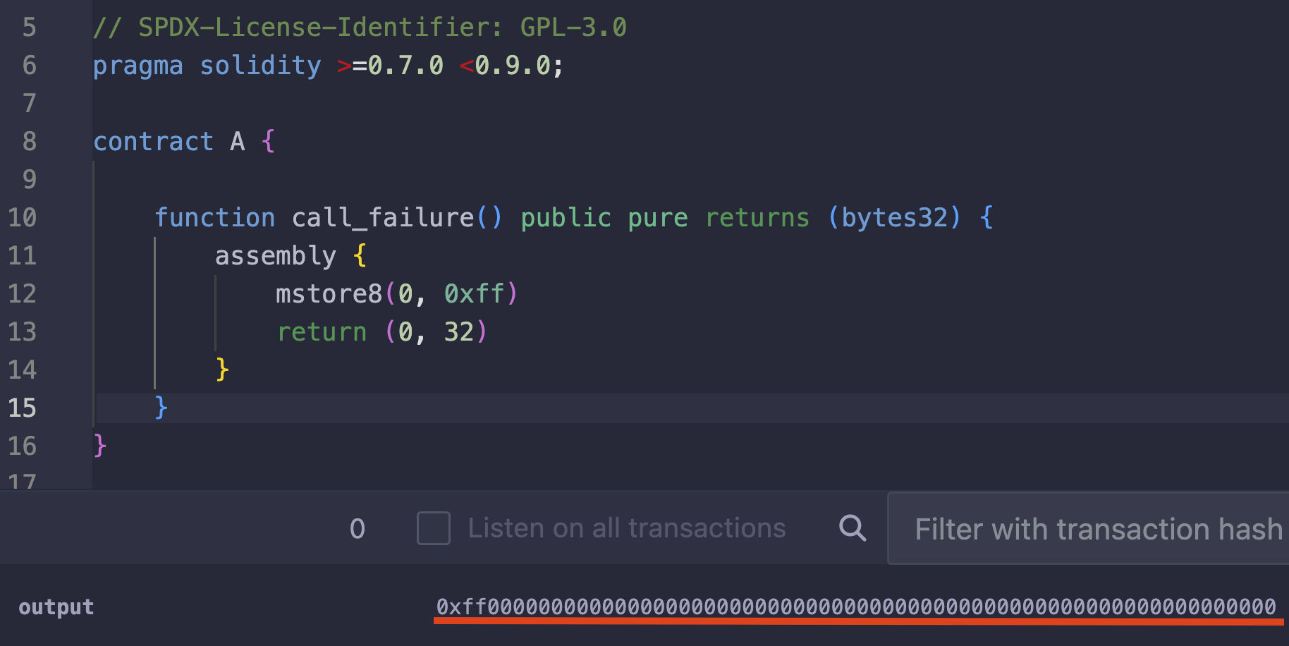 solidity code using mstore8