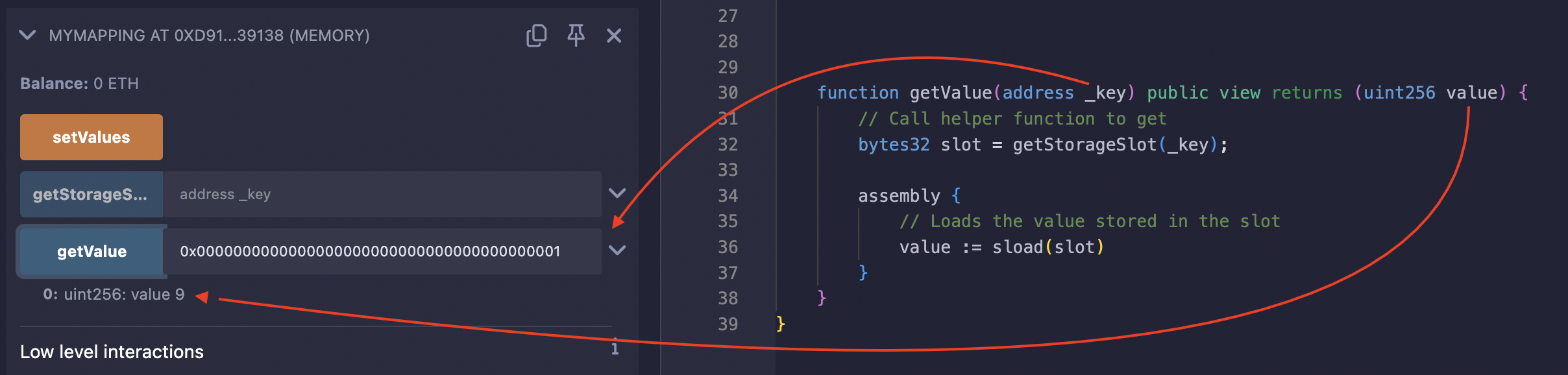 remix screenshot of the returned value when getValue function is called