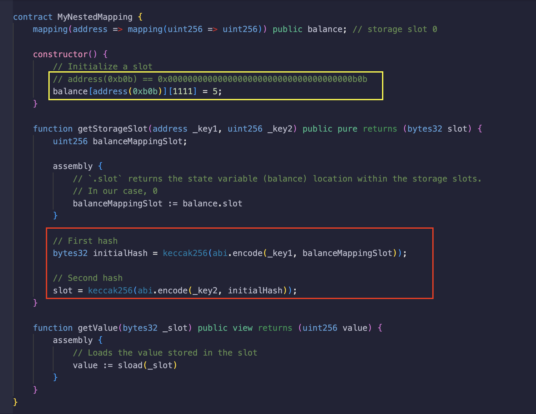 remix screenshot the value assigned tp the nested mapping and functions to get slot and slot value